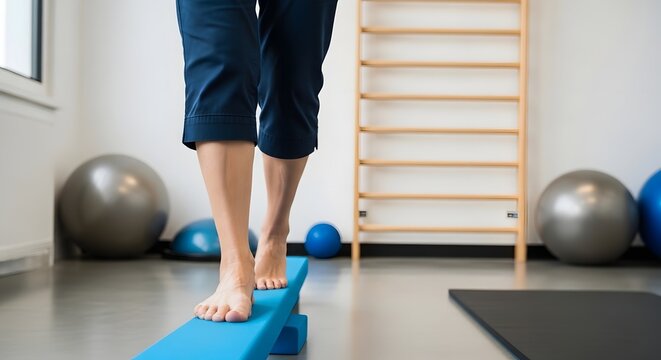Physical therapy session with a patient performing balance exercises on a wobble board