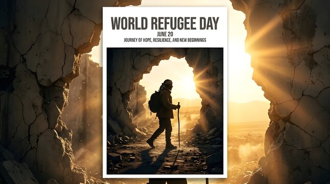 Refugee walking with backpack toward sunlight in war-torn landscape on World Refugee Day