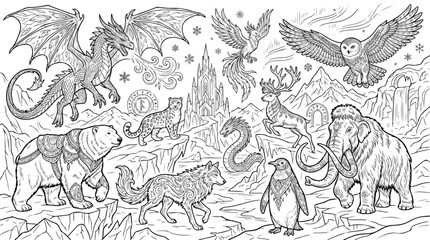 Mythical winter animals coloring page vector, fantasy arctic creatures line art, dragon and mammoth in ice kingdom landscape, mythical beast collection © Ch