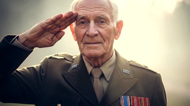A proud elderly military veteran saluting while wearing his formal uniform and service medals.