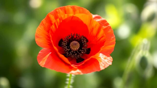 A single vibrant red poppy flower blooming in a green meadow.