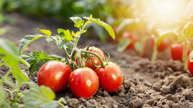 Ripe red tomatoes growing in a garden patch