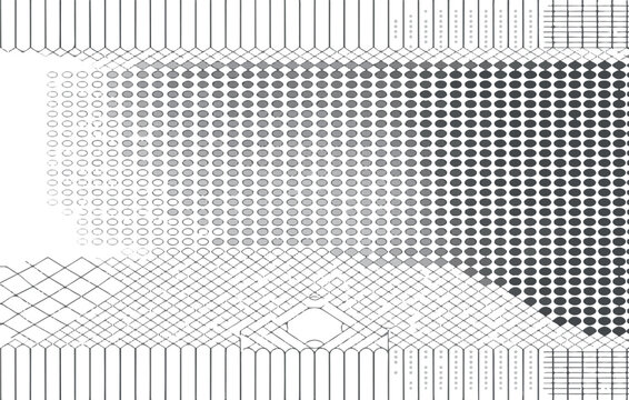 Abstract grey pattern with diverse geometric shapes and varying opacities.