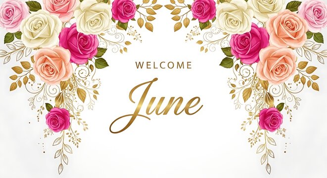Welcome June floral border with pink and white roses and greenery.