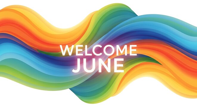 Colorful rainbow wave text welcome June celebration design.