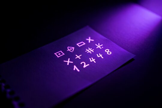 Purple glowing symbols on paper