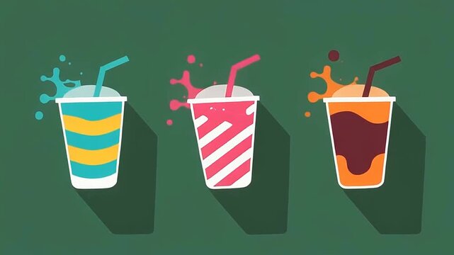 Set of three colorful takeaway drink cups with straw and liquid splash an illustration showing different with straws