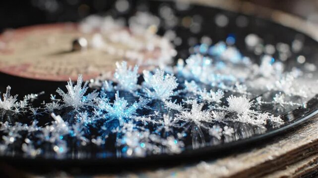 Snowflake Crystals on Old Vinyl Record Surface