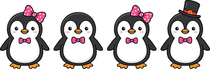 Fototapeta premium Cute Cartoon Penguin Family Vector Character Set with Pink Polka Dot Bows and Black Top Hat for Christmas Winter Holiday Cards and Nursery Decor Designs