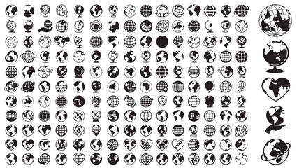 Fototapeta premium Minimalist globe icon set, black and white world map symbols, collection of 150 earth planet vector illustrations for travel and logistics design