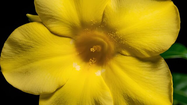 Closeup of a vibrant yellow Allamanda flower blooming in natural light.