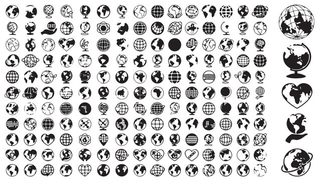 Minimalist globe icon set, black and white world map symbols, collection of 150 earth planet vector illustrations for travel and logistics design