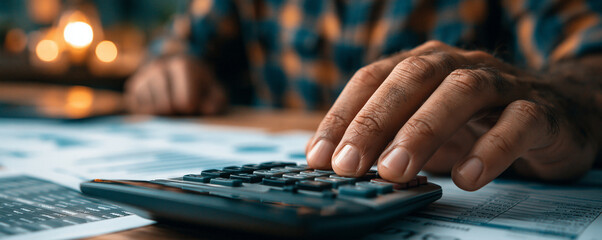 Fototapeta premium Focused view of a financial advisor's hand using a calculator, with documents and charts on wealth management and asset allocation spread across the desk, providing clear copy space.