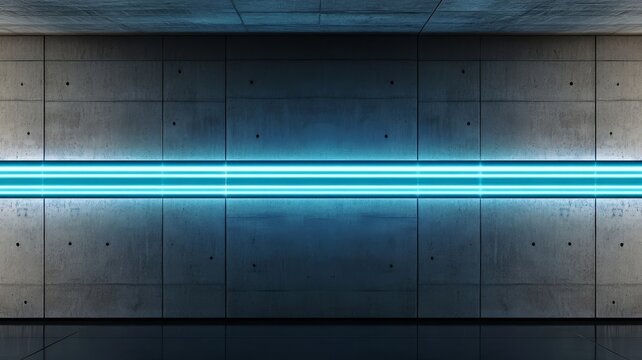 Modern minimalist concrete wall featuring bright glowing cyan neon light strip horizontal background.