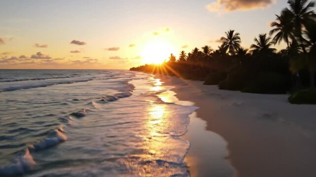 A beautiful summer sunset on the beach with golden sun reflection on the ocean waves under a dramatic evening sky