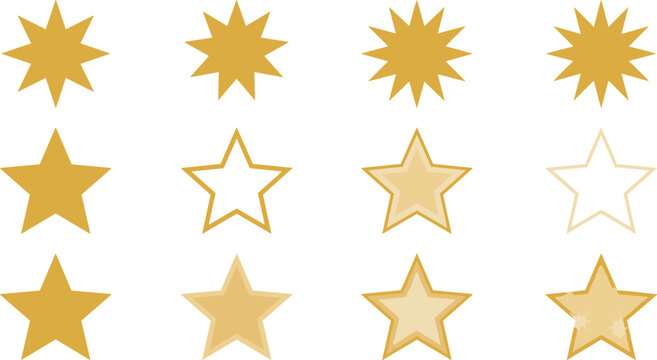 Golden Star Shape and Sparkle Icon Set with Multi Point Burst Shapes, Outlines, Gradients, and Flat Rating Symbols for Reviews and Quality Awards (22 words)