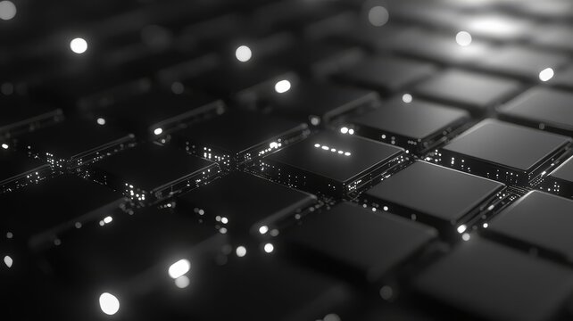 Macro shot of advanced semiconductor chip processor technology with glowing microcircuitry nodes and modern digital computing architecture.