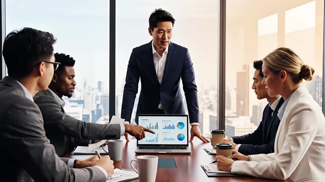 Diverse business team collaborates in modern office meeting room during presentation.