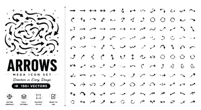 Hand drawn arrows mega icon set, 150 plus black vector direction symbols, sketchy curved pointer collection for infographics and UI design