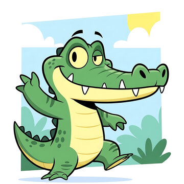 cartoon alligator waving with cheerful expression crocodile animal vector illustration green yellow teeth