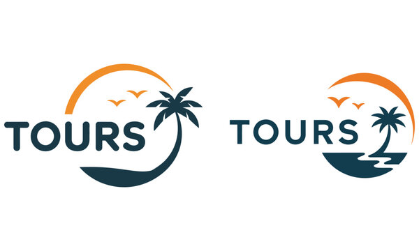 Travel tours logo design with tropical palm tree sunset and ocean illustration