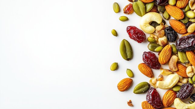 Cinematic mixed nuts snack commercial photography, cashews, pumpkin seeds, raisins and cranberries on pure white studio background, top-down macro food shot, fine texture, natural tone, 4K HDR high re