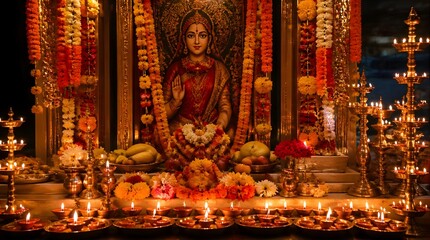 Fototapeta premium Hindu altar for Mangala Gauri Vrat with oil lamps and flower garlands for Goddess Parvati puja during Shravan.