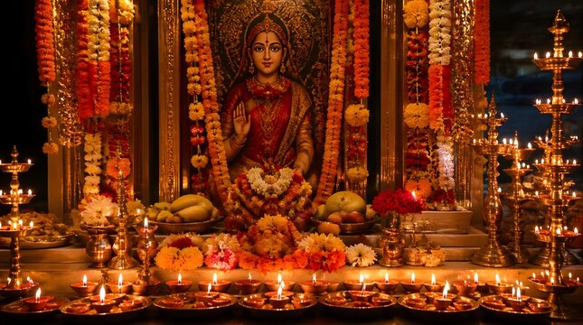 Hindu altar for Mangala Gauri Vrat with oil lamps and flower garlands for Goddess Parvati puja during Shravan.