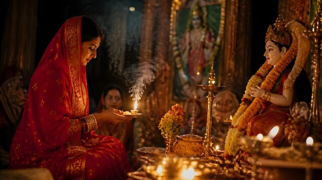 Hindu Woman Performing Mangala Gauri Vrat Puja with Oil Lamp in Temple During Shravan Festival for Marital Blessing