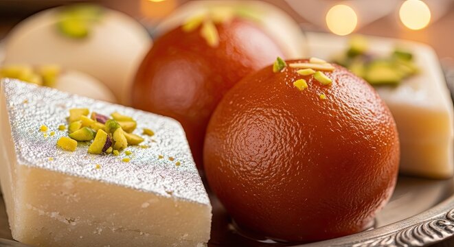 Happy diwali traditional indian sweets gulab jamun barfi for festive celebrations