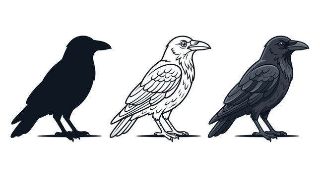 Detailed vector graphic illustration showing three different artistic styles of a standing black raven bird
