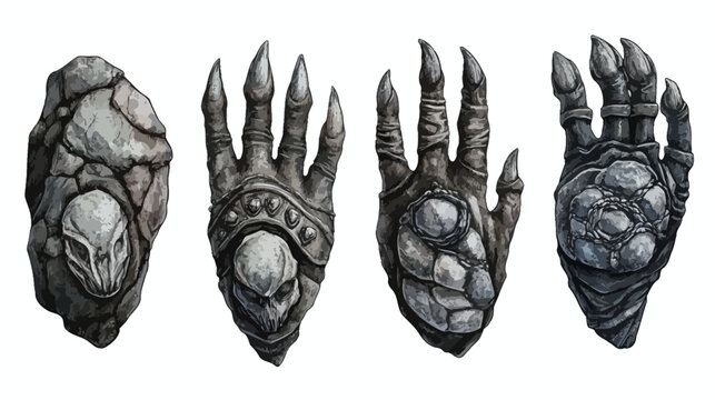Artistic rendering of four grotesque appendages, resembling hands and claws, in greyscale