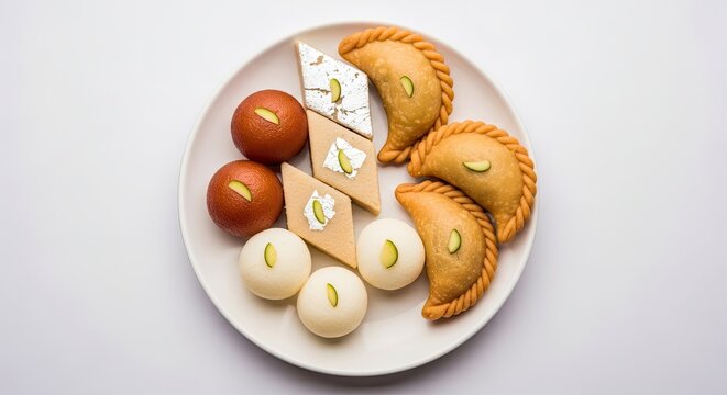 Happy diwali traditional indian sweets plate with gulab jamun jalebi and barfi
