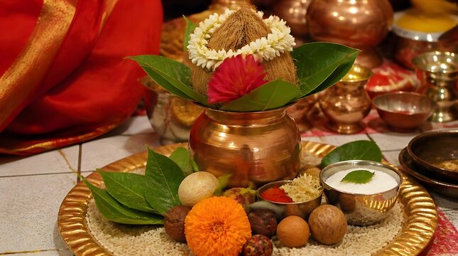 Traditional Mangala Gauri Vrat puja thali with copper kalash and coconut for Hindu goddess Parvati ritual in Shravan month