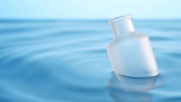 Clear Glass Bottle Floating on Rippling Blue Water Surface.