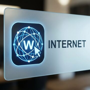 Internet Access Icon: A glowing blue icon representing global internet connectivity, displayed on a modern interface next to the word INTERNET.