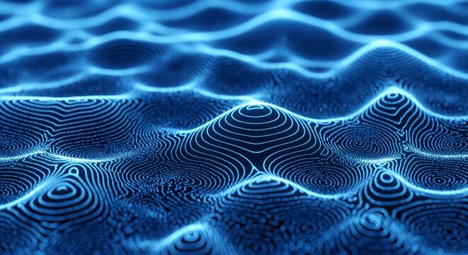Abstract blue digital wave background with glowing particle topography