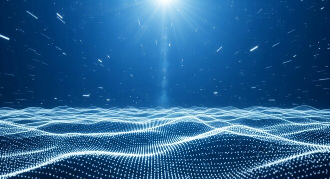 Abstract blue digital wave of glowing particles in cyberspace with light rays representing big data and network technology background