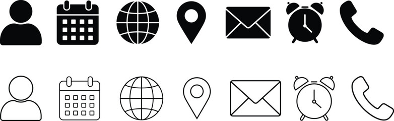Collection of various communication and navigation icons on white background. Set of Email, Phone, Location, Time, Clock, Date, Calendar icons, vector illustration © Rakibul