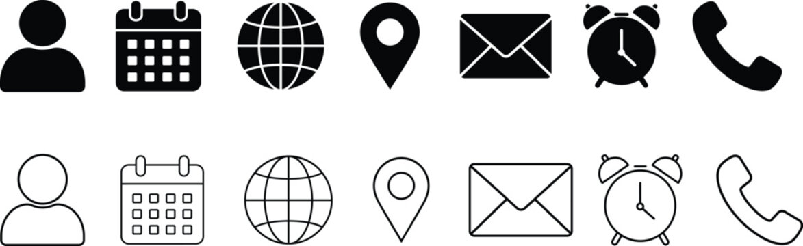 Collection of various communication and navigation icons on white background. Set of Email, Phone, Location, Time, Clock, Date, Calendar icons, vector illustration