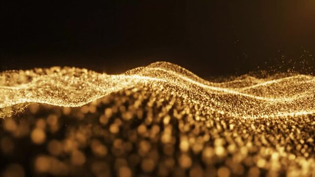 Abstract golden glowing particles forming a flowing wave.