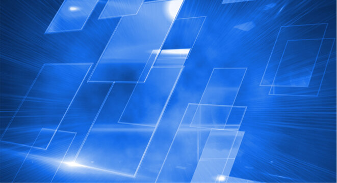 Glowing blue rectangles with white outlines and highlights on a dark blue background with streaks of light