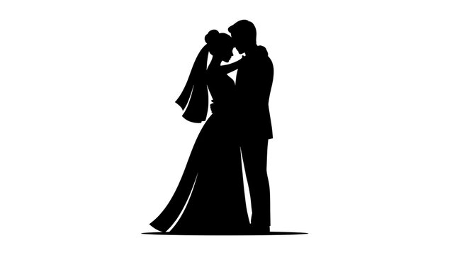 Wedding couple silhouette embracing together standing on white background black and white illustration of bride and groom in romantic pose isolated vector design for marriage celebration invitation.