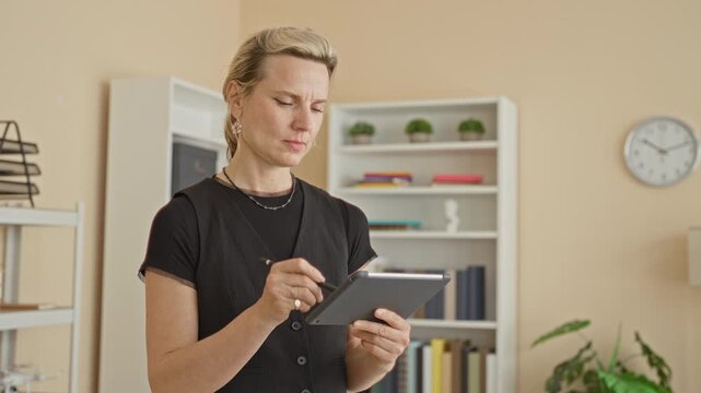 Woman holding tablet and stylus, hand on chin in a thinking pose inside building; thoughtful concentration.