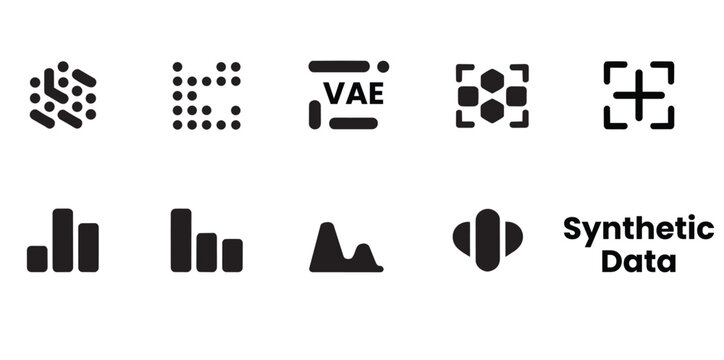 Synthetic data and generative AI glyph icon set for technology concept