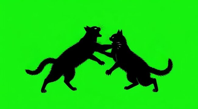 Silhouette Video of two cat are fighting on the meddle of the screen in green screen background