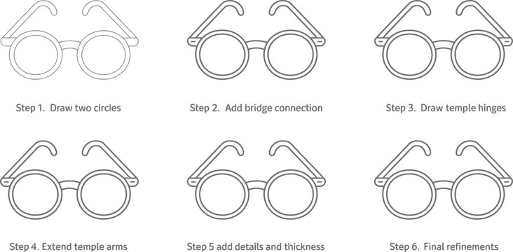 Glasses, eyeglasses, drawing steps, illustration set, vector graphics, eyewear design