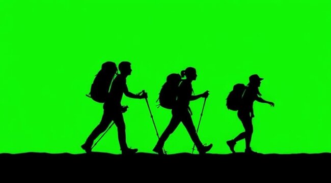 Silhouette Video of people are hiking on the meddle of the screen in green screen background