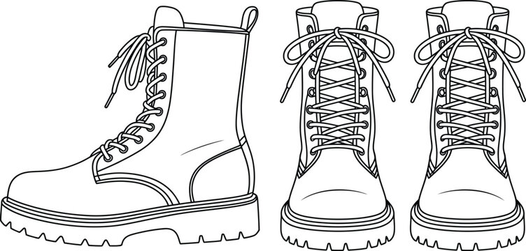 Combat boots, army boots, black and white illustration, vector footwear, fashion icons