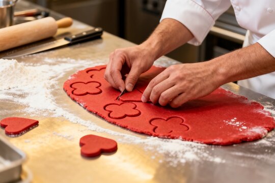 Chef cutting red dough into shapes
